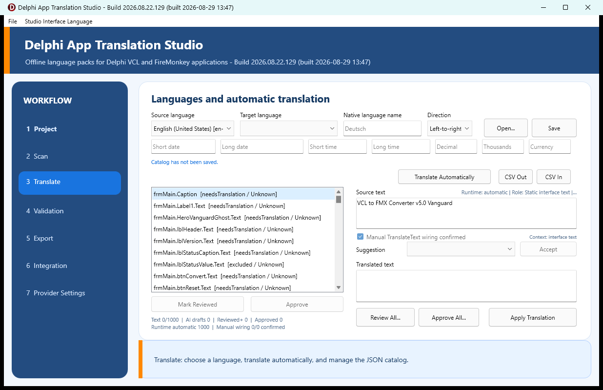 Actual Delphi App Translation Studio Languages and automatic translation screen