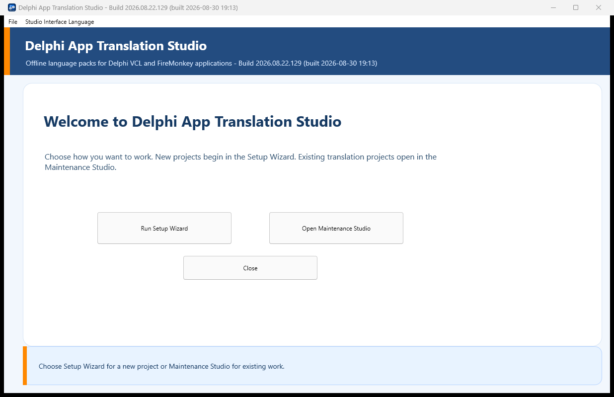Delphi App Translation Studio welcome screen with Setup Wizard and Maintenance Studio choices
